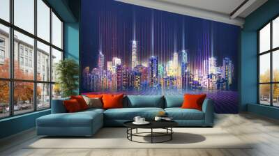 Futuristic smart city structure in space abstract red blue background concept, internet of things wireless network connection communication computer information system service modern future technology Wall mural