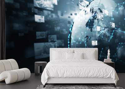 Multimedia digital content entertainment streaming communication social networking connectivity technology concept, world wide web hologram simulation global environment, banner blue background Wall mural