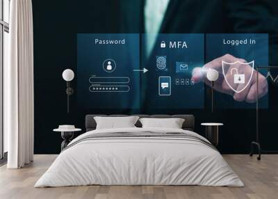 Multiple factor authentication MFA method using portable devices to protect data and account on internet data security concept, businessman finger touching secure computer technology graphics icon. Wall mural