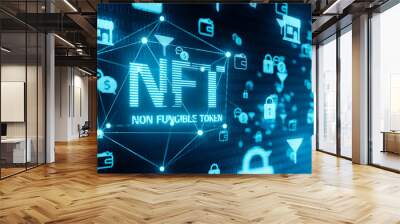 NFT non fungible token digital online cryptocurrency blockchain businessman concept, pay unique trading token collection vector art illustration computer infographic graphic 3d render blue background Wall mural