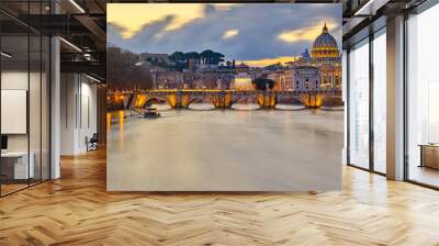 St. Peter's cathedral and Tiber river with high water at evening with dramatic sunset sky. Saint Peter Basilica in Vatican city with Saint Angelo Bridge in Rome, Italy Wall mural