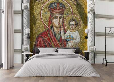 Madonna with child mosaic icon on Vvedensky Monastery facade in Kyiv Ukraine.  Wall mural