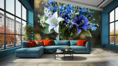 A bouquet of white and blue flowers on a light green smudged background. Flowering flowers, a symbol of spring, new life. Wall mural