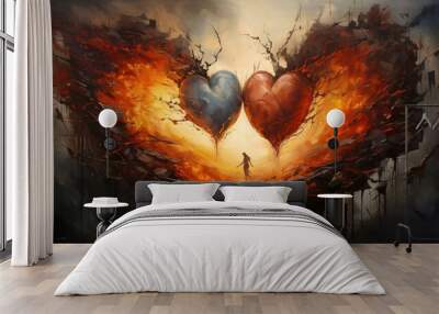 Abstract illustration of two hearts forming one large fiery heart. Heart as a symbol of affection and love. Wall mural