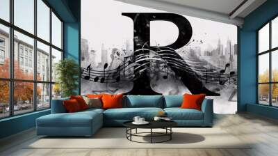 Abstract musical background. Black and white illustration with musical notes and city letter R Wall mural