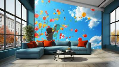 Children Joyfully Reach for Colorful Balloons in a Clear Blue Sky Wall mural