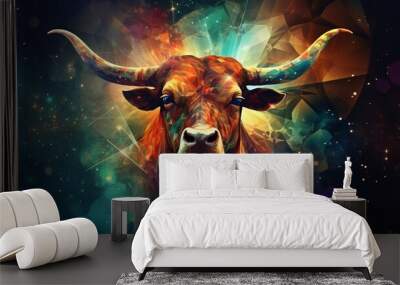 Digital illustration of a bull in abstract space with colorful lights and stars Wall mural