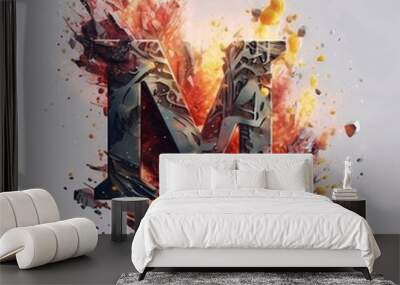 Futuristic letter M in fire and smoke, 3d rendering Wall mural