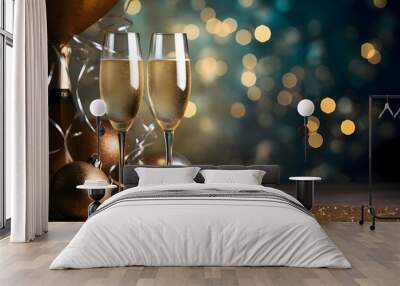 Glasses, champagne gold, streamers, baubles, confetti and bokeh effect in the background.New Year's Eve background, banner with space for your own content. Wall mural