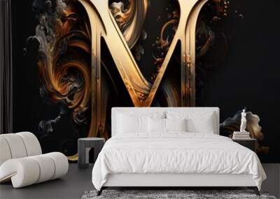 Golden letter M on a black background. 3d rendering, 3d illustration. Wall mural