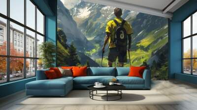 Hiker with backpack and trekking poles on the background of mountains Wall mural