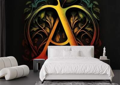 Letter A with floral ornament on black background. Vector Illustration. Wall mural