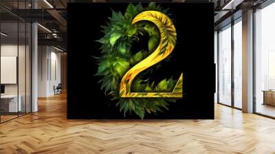 Number 2 with tropical leaves isolated on black background. 3d rendering Wall mural