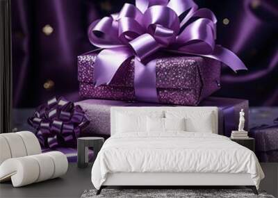 Purple boxes, gifts with bows on purple dark background. Gifts as a day symbol of present and love. Wall mural