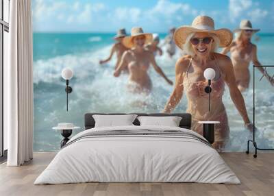 Senior women having fun on beach Wall mural