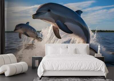 Two playful dolphins leaping out of the water creating a splash Wall mural