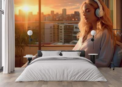 Woman Enjoying Sunset While Listening to Music Wall mural