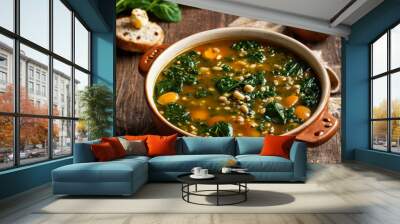 Hearty Spinach and Lentil Soup with Fresh Herbs and Crusty Bread Wall mural