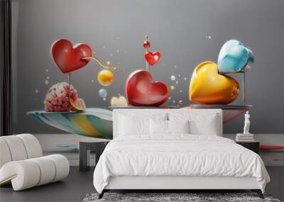 balance your life, logic and feel concept with heart and brain in hands at grey background watercolor Painting
 Wall mural