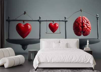 balance your life, logic and feel concept with heart and brain in hands at grey background watercolor Painting
 Wall mural