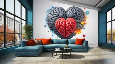 balance your life, logic and feel concept with heart and brain in hands at grey background watercolor Painting
 Wall mural