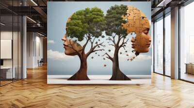 Living with alzheimers disease with two trees in the shape of a human head and brain as a symbol of the stress and effects on loved ones and caregivers by the loss of memory and intelligence.
 Wall mural