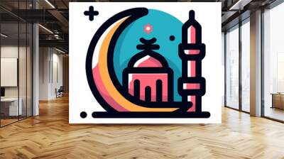 A line art illustration of a mosque with a crescent moon and a minaret. The mosque is simple in design, with a single dome and two minarets. The crescent moon is a symbol of Islam, and the minaret is  Wall mural