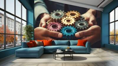 Gear cog business wheel team teamwork hand concept people office together unity group.  Work gear business worker cog power industry meeting solution cooperation man company technology innovation view Wall mural