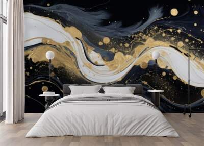 Gold abstract black marble background art paint pattern ink texture watercolor white fluid wall. Abstract liquid gold design luxury wallpaper nature black brush oil modern paper splash painting water. Wall mural