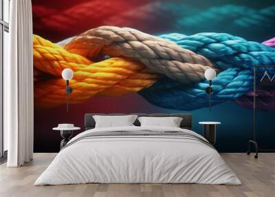 Team rope diverse strength connect partnership together teamwork unity communicate support. Strong diverse network rope team concept integrate braid color background cooperation empower power. Wall mural