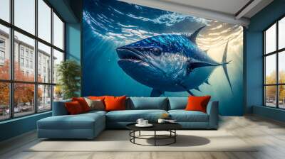  Blue fin tuna fish swimming in clear ocean water. generative AI Wall mural