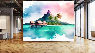  Watercolor painting of a tropical Tahiti island in French Polynesia. generative AI Wall mural