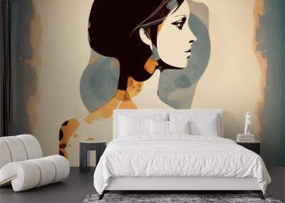 Abstract illustration of the female form. Beautiful retro woman with vintage style. Colorful background design with 1960 era vibe. Created with generative AI.   Wall mural