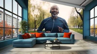 African American black man running on a jogging path wearing headphones listening to music while exercising. generative AI Wall mural