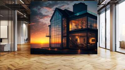 Beautiful glass home on an ocean beach at sunset. Luxury house. Generative AI Wall mural