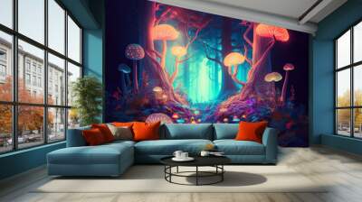 Colorful, glowing mushrooms in a mystical forest. Created with generative AI software.  Wall mural