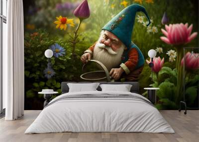 Garden gnome with long white beard planting Spring flowers. Created with generative AI. Wall mural