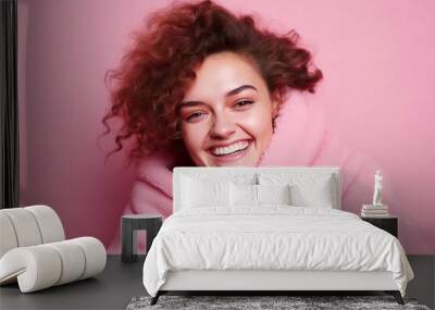 Happy woman wrapped in a soft and warm, pink fuzzy blanket. She is comfortable and smiling. generative AI Wall mural