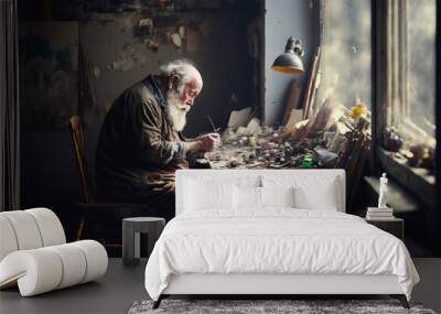 Mature old man painting in messy and cluttered art studio with natural window light. The artist is surrounded by paint brushes and paints and is working on a canvas. Created with generative AI softwar Wall mural