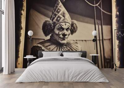 Vintage photo of a Russian clown in an old circus tent. Generative AI Wall mural