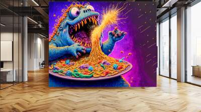 Weird colorful creature with large mouth eating a large plate of spaghetti noodles and making a loud mess. Created with generative AI.  Wall mural