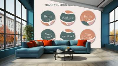 Printable Thank You Rounded Badge Sticker and Branding Logo Sticker Decorated with Orange Green Organic Blob and Botanical Object. Suitable for Small Online Business Fashion, Beauty, Cosmetic Brand Wall mural