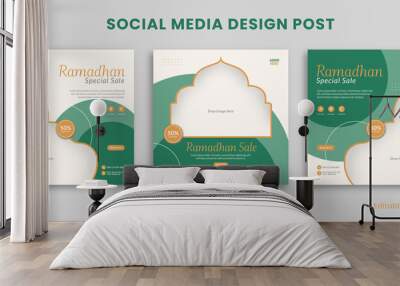 Set Editable Ramadan Social Media Design Post Template with green islamic theme. Suitable for promotion, ads, advertising, presentation, sale banner, product, business, food, fashion, etc. Wall mural