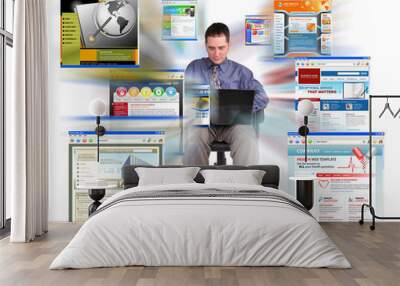 Business man Sitting with Internet Web Sites Wall mural