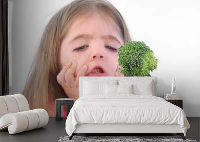 Girl and Healthy Broccoli Diet on White Wall mural