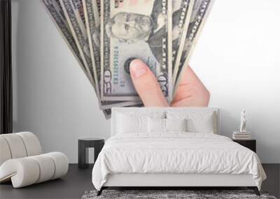 Hand Holding Cash Money on White Wall mural