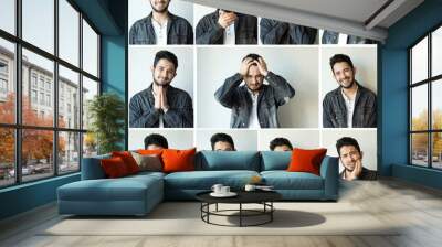 Collage of man with different facial expressions and gestures isolated on gray background. Set of multiple images Wall mural