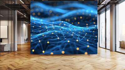 Background blue spider web closeup with many dots and lines, technology and innovation Wall mural