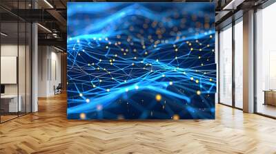 High tech blue web background close up with many yellow dots and lines, technology and innovation, conceptual network connection Wall mural