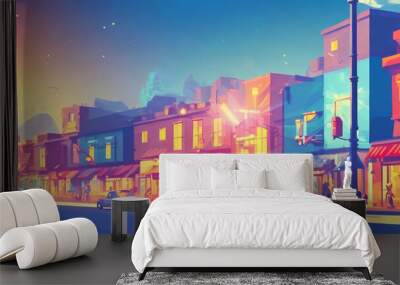 illustration style, Vibrant, bustling city street with shops, restaurants, and people Wall mural